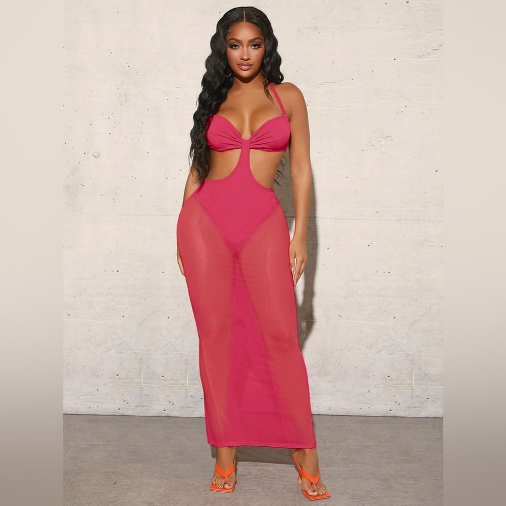 Ruched Bust Tie Backless Split Hem Panty Insert Halter Mesh Dress🔥